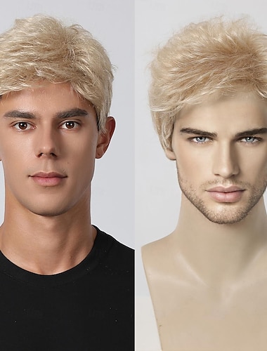  Short Mens Wig Fluffy Hair Blonde Wig for Men Natural Looking Synthetic Hair Full Wig for Male Daily Cosplay Costume Use