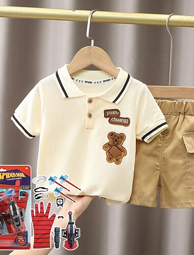  Jungen-Sommerkleidung, Kinder-Kurzarm-Set, Sommer, neue Kindermode für Jungen und Babys, modisches Streifen-Poloshirt, zweiteiliges Set, trendig, mit Launcher, Kinderspielzeug
