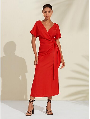  فستان نسائي متوسط الطول ملفوف من الكتان باللون الأحمر والبرتقالي ورقبة على شكل حرف V