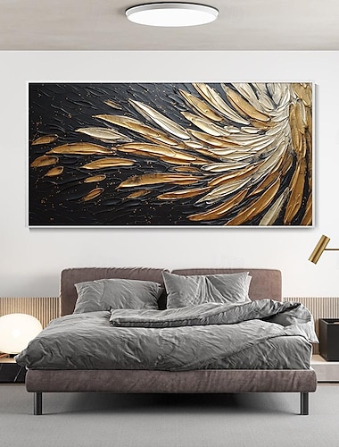  Pintura al óleo de plumas abstractas pintadas a mano sobre lienzo, arte de pared moderno pintado a mano, pintura dorada y negra para sala de estar, decoración de pared del dormitorio, pintura