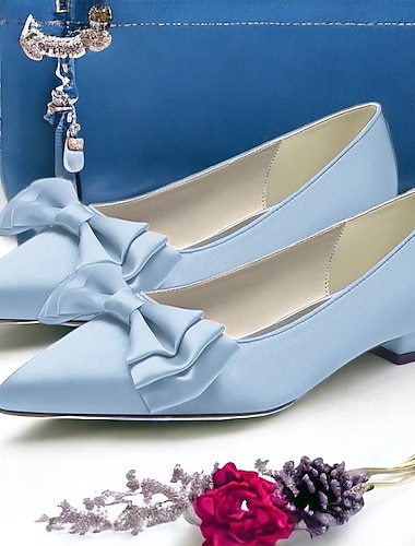  Mujer Zapatos de boda Bailarinas Fiesta Pajarita Tacón Bajo Dedo Puntiagudo Elegante Satén Negro Blanco Marfil