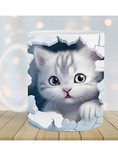  3d-utskrift kattungar hål i en väggmugg, keramisk kaffe kattmugg 3d nyhet kattmuggar kattälskare kaffemugg kattklubbkopp vit keramisk mugg presenter för män kvinnor
