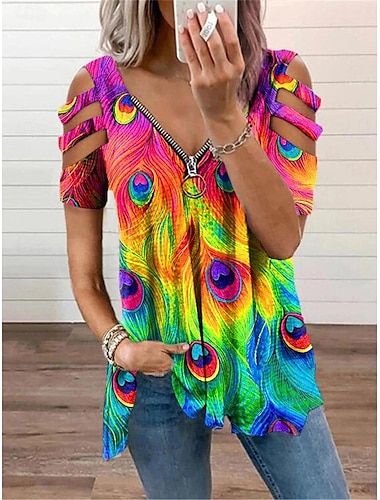  kvinners skjorte bluse mote moderne fargeblokk patchwork cut out print kortermet vanlige topper v-hals uformelt svart regnbue sommer