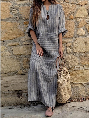  Femmes Rouge Vert Gris Été Printemps Robe Maxi Robes inspirées du lin Robe Décontractée Robe en coton et lin Style Moderne Quotidien Week-end Coupe Ample Rayé Col fendu