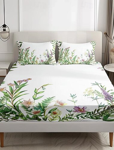  Hoeslakenset met bloemenlentepatroon Ultrazachte ademende zijdeachtige lakens Diepe zak 100% katoenen beddengoed Lakens 3-delig Queen King Size