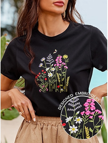  Women's Summer Tops Blouse Embroidered Short Sleeve Crew Neck Black Summer Spring