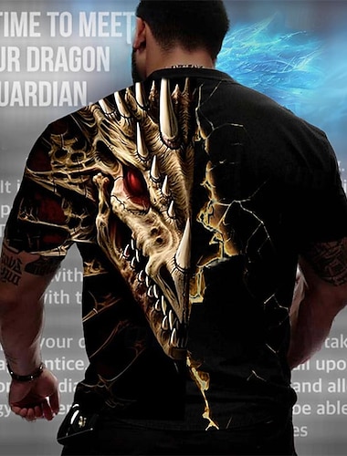  ドラゴンガーディアン×ルー |メンズ 3D ドラゴン 神話上の生き物 ダーク スタイル ストリートウェア Tシャツ 半袖