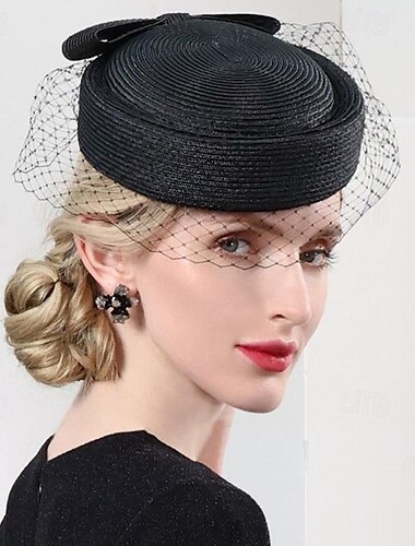  sombreros bombín/cloche de fibra de tul sombrero de paja boda fiesta de té elegante boda con lazo tocado de tul