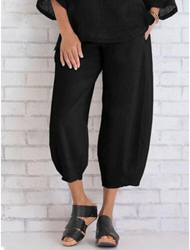  نسائي 100% Cotton سراويل كاجوال  يومي Ankle-length سهل جيوب جانبية حزام مطاط التنفس إمكانية مريح غير مطاطي عطلة نهاية الاسبوع أسود أزرق بحري داكن كاكي رمادي للربيع والصيف عادي