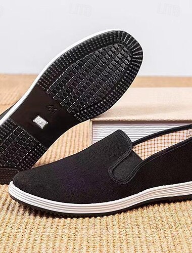  Schwarze Slipper aus Canvas für Herren mit rutschfester Sohle – leichte, traditionelle Halbschuhe für den Alltag und Komfort in Innenräumen