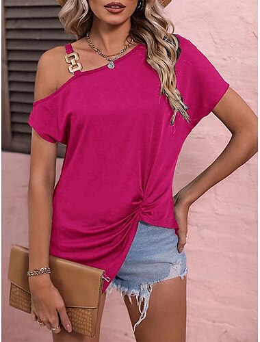  T Shirt Damen Schwarz Gelb Rosa Feste Farbe Asymmetrischer Saum Kalte Schulter Strasse Täglich Modisch Ein-Schulter Regular Fit S