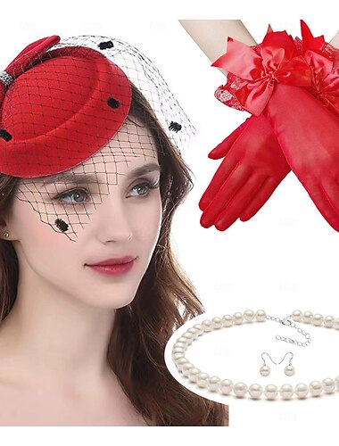  Klassisch Retro Vintage 1950er Outfits Pillbox Hut Fascinators Hut Kopfschmuck Halskette Lange Handschuhe Braut Damen Karneval Valentinstag Hochzeit Hochzeitsgast Party / Cocktail Handschuhe