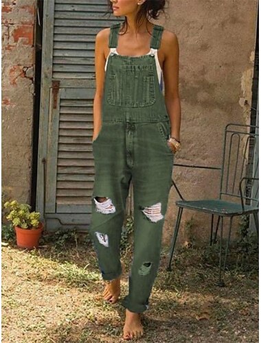  Damen Normal Latzhose Strassenmode Feste Farbe Ärmellos Quadratischer Ausschnitt Knopf Tasche Strasse Täglich Regular Fit Grün Grau Leicht Blau Sommer