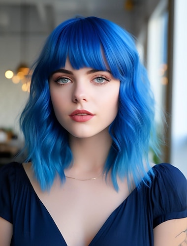  Blue Wigs for Women Short Curly Wigs with Bangs Colored Wavy Bob Synthetic Wig Medium Shoulder Length Wigs Heat Resistant for Daily and Party Blue