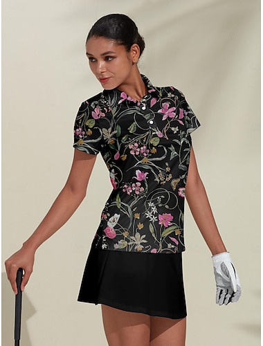  Damen poloshirt Schwarz Kurzarm Shirt Blumen Damen-Golfkleidung, Kleidung, Outfits, Kleidung