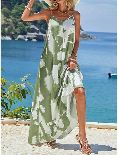  Damen Casual kleid skims dress Graffiti Rückenfrei Bedruckt Gurt kleid lang Urlaub Strand Ärmellos Sommer