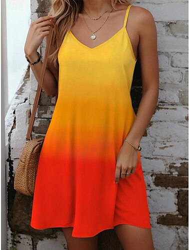  Dames Mini Jurk Petite Jurk Zomerjurk Slip Jurk Tropisch Hawaïaans Sexy Vakantie Strand Zwemmen Reguliere Pasvorm Ombre Kleur Gradiënt Mouwloos V Hal Spaghetti Band Blauw