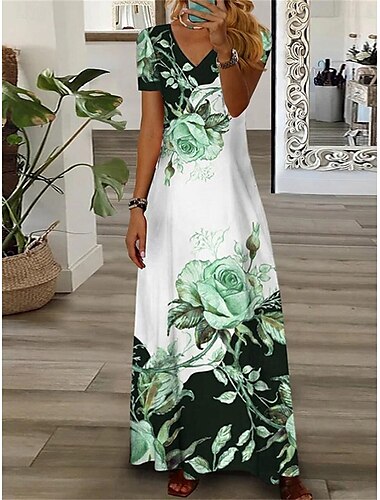  Damen Freizeitkleid Blumendruck V-Ausschnitt Langes Kleid Maxikleid Urlaub Kurzarm Sommer