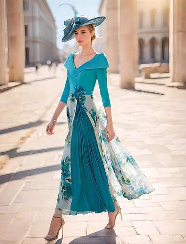  A-Linje Mor till Bruden Klänning Formell Bröllop Gäst Elegant V-Hals Ankel Längd Chiffon Stretch Tyg 3/4 Längd Ärm med Fickor Blommig Derby Klänning Tävling Klänning Bröllop Gäst Klänning 2025