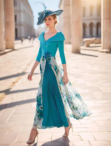  vestido de madre de la novia corte a invitada de boda formal elegante vestido elegante cuello en v hasta el tobillo gasa tejido elástico manga 3/4 con pliegues flor vestido de invitada de boda azul