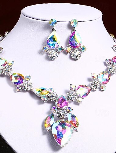  مجموعة مجوهرات 3 قطع حجر الراين سبيكة أقراط القلائد نسائي أنيق عتيق ترف هندسي هندسي مجموعة مجوهرات من أجل زفاف الذكرى السنوية ضيف حفل زفاف