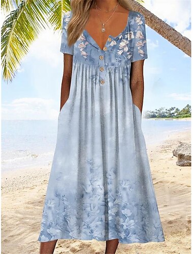 Damen Midikleid V-Ausschnitt Blumendruck Kurzarm A-Linie Komfort Blau Strand Party Frühling Sommer Mode Kleidung