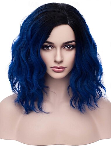  Perucas pretas e azuis para mulheres meninas curto encaracolado bob peruca de cabelo ondulado ombre azul escuro onda do corpo resistente ao calor cosplay sintético perucas de festa diária