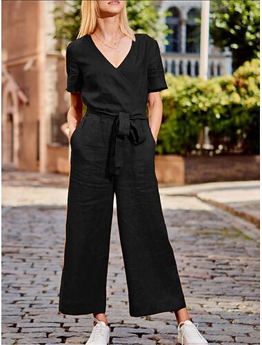  Damen Normal Jumpsuit Strassenmode Feste Farbe Kurzarm V Ausschnitt mit Schnürung Tasche Strasse Täglich Regular Fit Schwarz Fuchsie Khaki Sommer