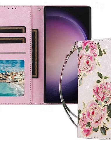  teléfono Funda Para Samsung galaxia S25 S24 S23 S23 FE S22 S21 ultra plus A14 A34 A54 A24 Tarjetas billetera con correa de muñeca Caballete Ranura para tarjetas flor floral TPU Cuero de PU
