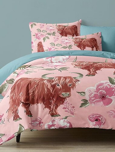  Bettbezug-Set aus 100 % Baumwolle mit Kuh- und Blumenmuster, weiches 3-teiliges Luxus-Bettwäsche-Set, Heimdekoration, Geschenk, King-Size-Bettbezug