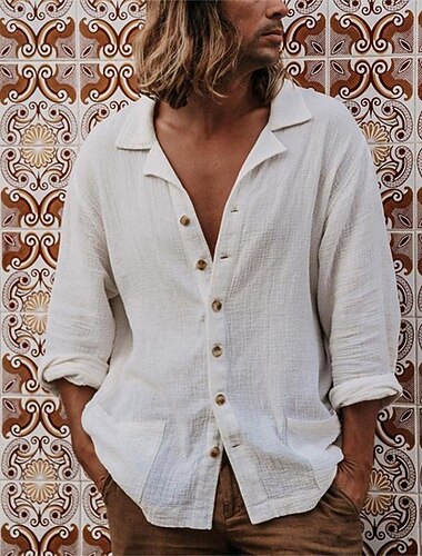  Per uomo Camicia Camicia di lino Camicia bianca di cotone Camicia Estiva Camicia da Spiaggia Camicia in cotone e lino Semplice Vacanza Camicia hawaiana Bianco Manica Lunga Collo Camp Primavera