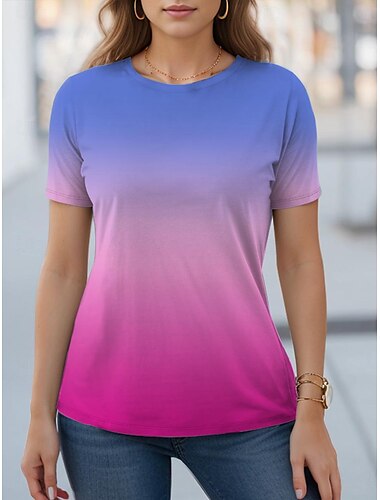  Damen T Shirt Farbverlauf Farbverläufe Modisch Kurzarm Rundhalsausschnitt Normale Oberteile Urlaub Täglich Ausgehen Bedruckt Gelb Blau Orange Leicht Blau Sommer