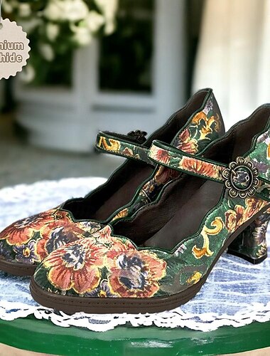  Zapatos Mary Jane con estampado floral vintage para mujer: zapatos de tacón cuadrado de piel de vaca de primera calidad para un estilo retro y ropa informal