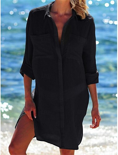  Damen Weißes Kleid Minikleid Taste Urlaub Strand Basic Hemdkragen Langarm Schwarz Weiß Marineblau Farbe