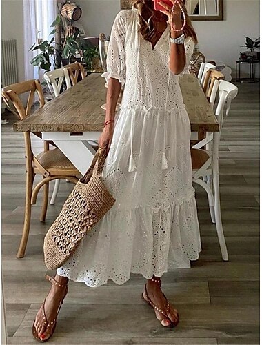  Maxikleid für Damen, Boho-Stil, Ösenspitze, weiß, V-Ausschnitt, halbe Ärmel, Sommer, Strand, lässig, Party, Stufenrock, leicht, entspannte Passform, Übergrößenmode