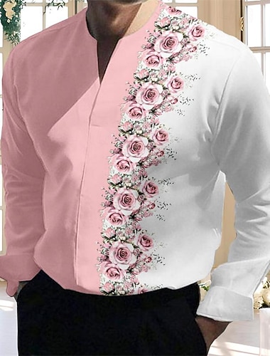  Per uomo Rosa Camicia con Bottoni Camicie Stampate Manica Lunga Moda Casual Matrimonio All'aperto Abbigliamento casual alla moda Primavera & Estate Scollo a V Stampato Giallo Rosa