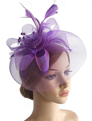  fascinators hoed Hoofdkleding Organza Slappe hoed Hoge hoed Sluier Hoed Paardenrace cocktail Elegant Retro Met Veer Strikken Helm Hoofddeksels