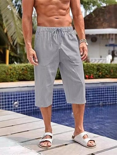 Herren Leinenshorts Kurze Hosen Sommer-Shorts Strandshorts Kurze Hosen Caprihose Tasche Kordelzug Elastische Taille Glatt Komfort Atmungsaktiv Wadenlänge Festtage Urlaub Strand Hawaiianisch Boho