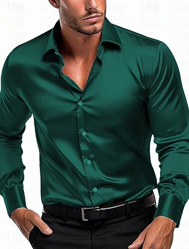  Herren Hemd Satinhemd Freizeithemd Knopfhemd Einfach Hochzeit Urlaub Schwarz Weiß Wein Marineblau Langarm Revers Frühling & Herbst Bekleidung