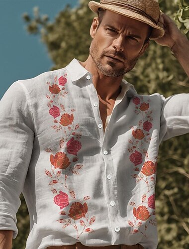  Herre Blomstret Blomstermønster Tropiske blomster Hawaii skjorte Aloha skjorte Trykte skjorter Langermet Skjorte Aftæpning Feriested Feriereise Gate Hesteløp Svart Hvit Grønn S M L