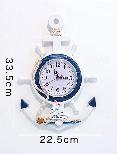  Wanddekoration, Wandbehang, mediterraner Stil, Holzpulver gestempelt, blauer und weißer Steuermann-Anker, kreative personalisierte nautische Uhr