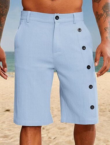  Voor heren Korte broek Linnen korte broek Zomer korte broeken Zak Zijknop Recht been Effen Kleur Comfort Ademend Knielengte Casual Dagelijks Vakantie Modieus Wit blauw Inelastisch