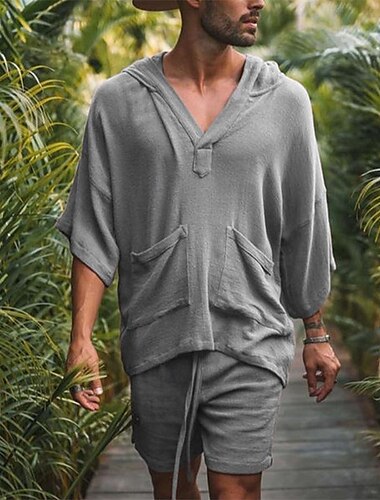  Herren Leinen-Set T-Shirt Anzüge 2-teiliges Outfit Kurzarm Mit Kapuze Sommer Einfach Mode Lässig 2 teilig Fronttasche Urlaub Alltagskleidung Ausgehen Hellrosa Schwarz Weiß Top T-Shirt für Herren