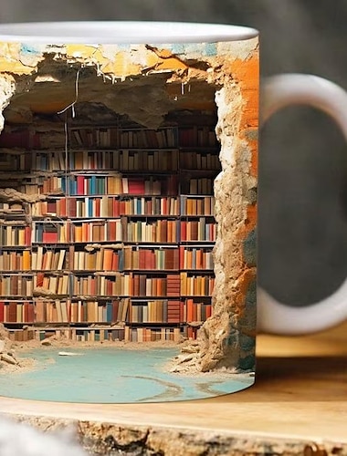  Taza de estantería 3D: una taza de estantería de biblioteca, divertida taza de estantería de biblioteca, tazas de café para amantes de los libros, taza de café con leche con agujero en una pared, taza