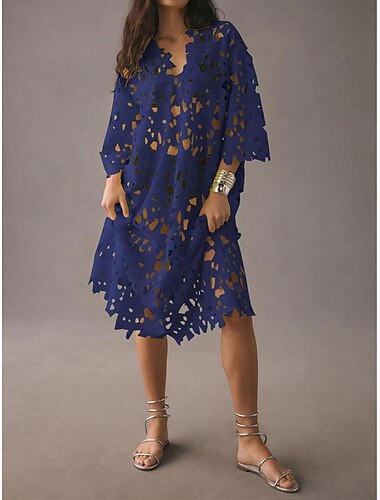  Women's White Dress Midi Dress Lace Eyelet Vacation Beach Streetwear V Neck 3/4 Length Sleeve Black White Wine Color