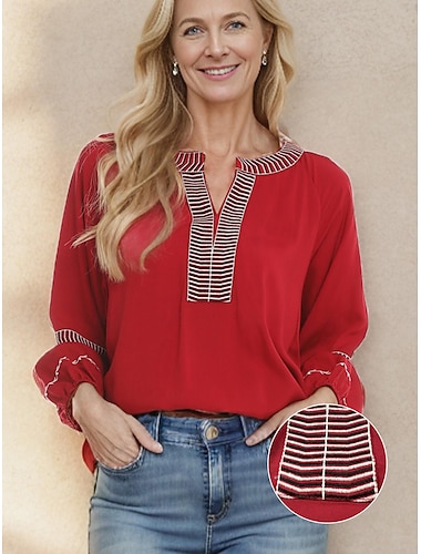 Women's Tunic Designer Shirt Color Block Striped Embroidered Christmas New Year Work Bohemian Style Mature Long Sleeve V Neck Red Spring &  Fall