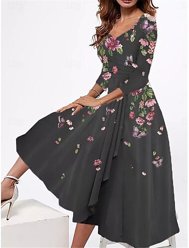  Damen Midikleid Freizeitkleid Schwingkleid A Linie Kleid Sommerkleid Streetwear A-Linie Urlaub Straße Ferien Normale Passform Langarm V Ausschnitt Schwarz Blau Sommer