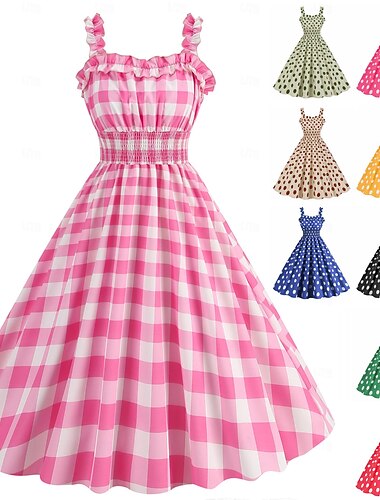  Retro / vintage Lata 50. Rockabilly Sukienka huśtawka Rozkloszowana sukienka Pled / Check W kratkę Bawełniany materiał w kratkę Strój na bal maskowy Damskie Halloween Bal maskowy Na co dzień Doroślu
