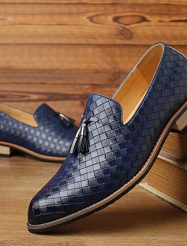  ανδρικά loafers από μαύρα υφαντά από ψεύτικο δέρμα με λεπτομέρεια φούντας και ξύλινη σόλα - κομψά slip-on παπούτσια για επίσημες και casual περιστάσεις