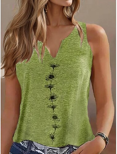 Tanktop für Damen, Basic, Blumendruck, ärmellos, normale Oberteile, V-Ausschnitt, lässig, Urlaub, Schwarz, Weiß, Grün